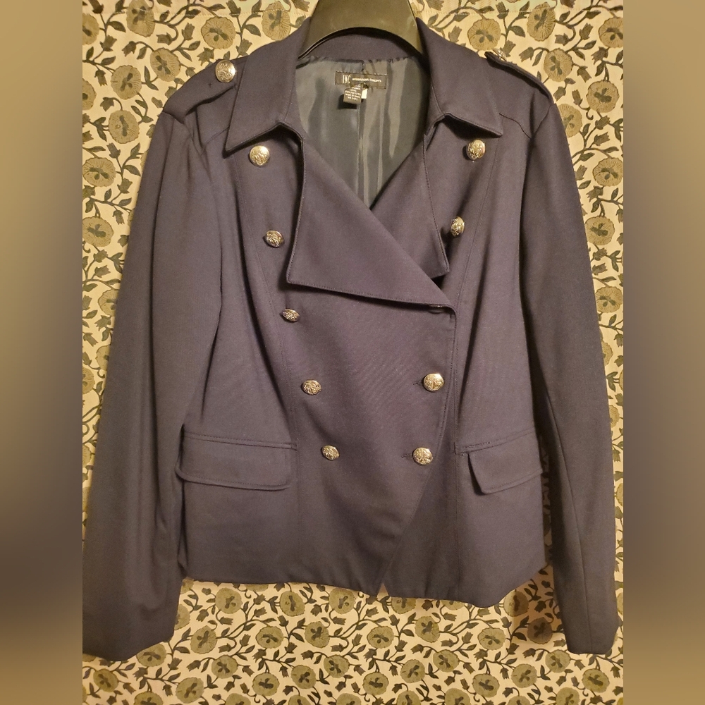 INC International Navy Double-Breasted Stretch Jacket with Silver Buttons